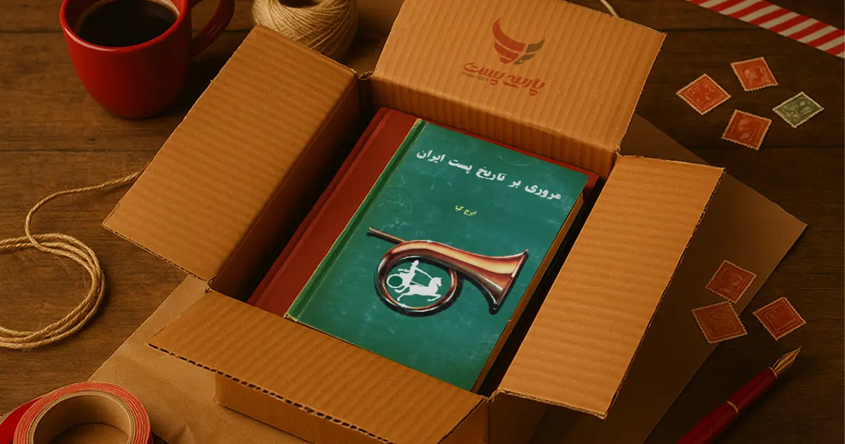 کتابی تاریخی در یک جعبه پستی که در کنارش تمبرها و یک لیوان قهوه است.